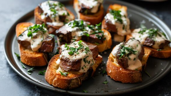 Beef Tenderloin Crostini with Parmesan Cream Sauce